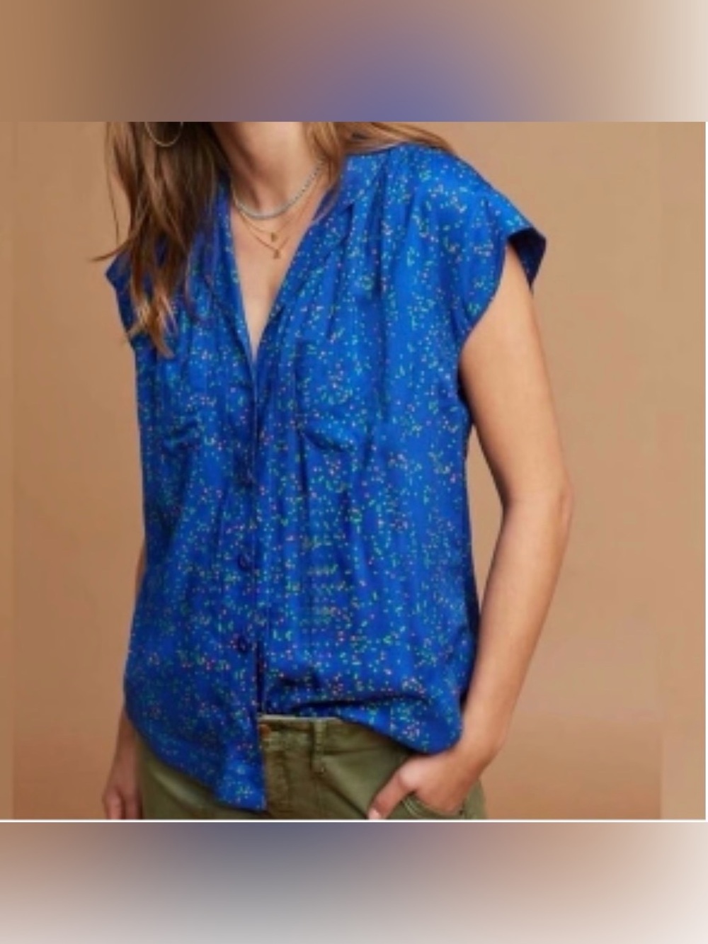 GUC Maeve Royal Blue Cap-Sleeve V-Neck Blouse with Colorful Sprinkles print | L